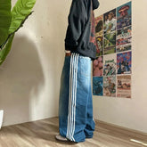 Men's Striped Embroidered Baggy Jeans – Washed Blue Wide-Leg Skateboard Pants
